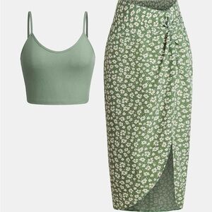 Yozy Ditsy Floral Split Thigh Skirt and Crop Cami Top